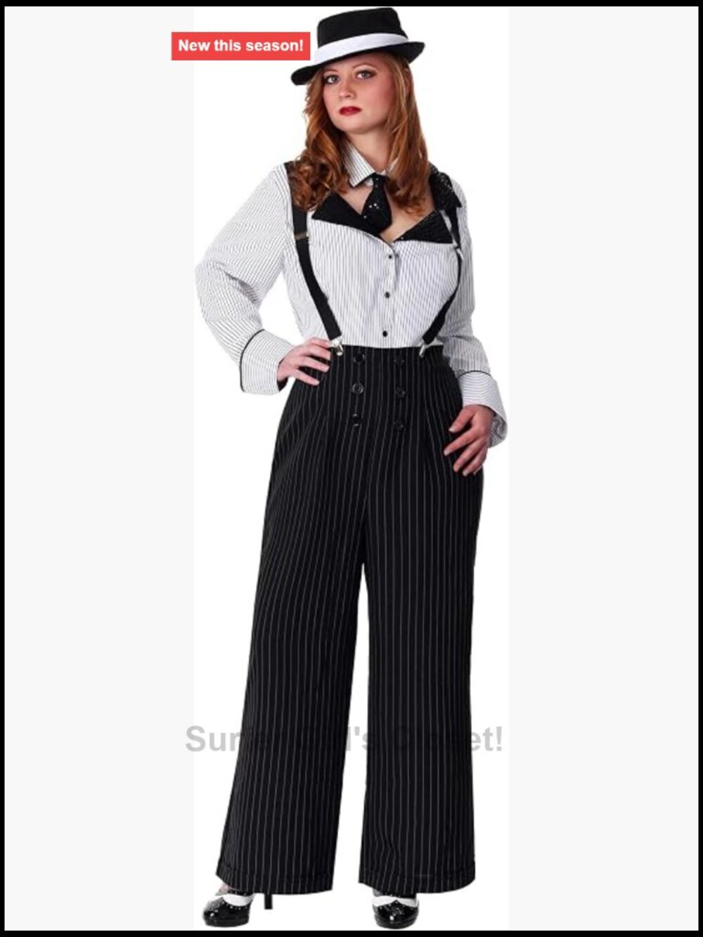 Plus Size 1920s Gangster Costume Pinstripe Shirt Pants Suspenders Sequin Tie